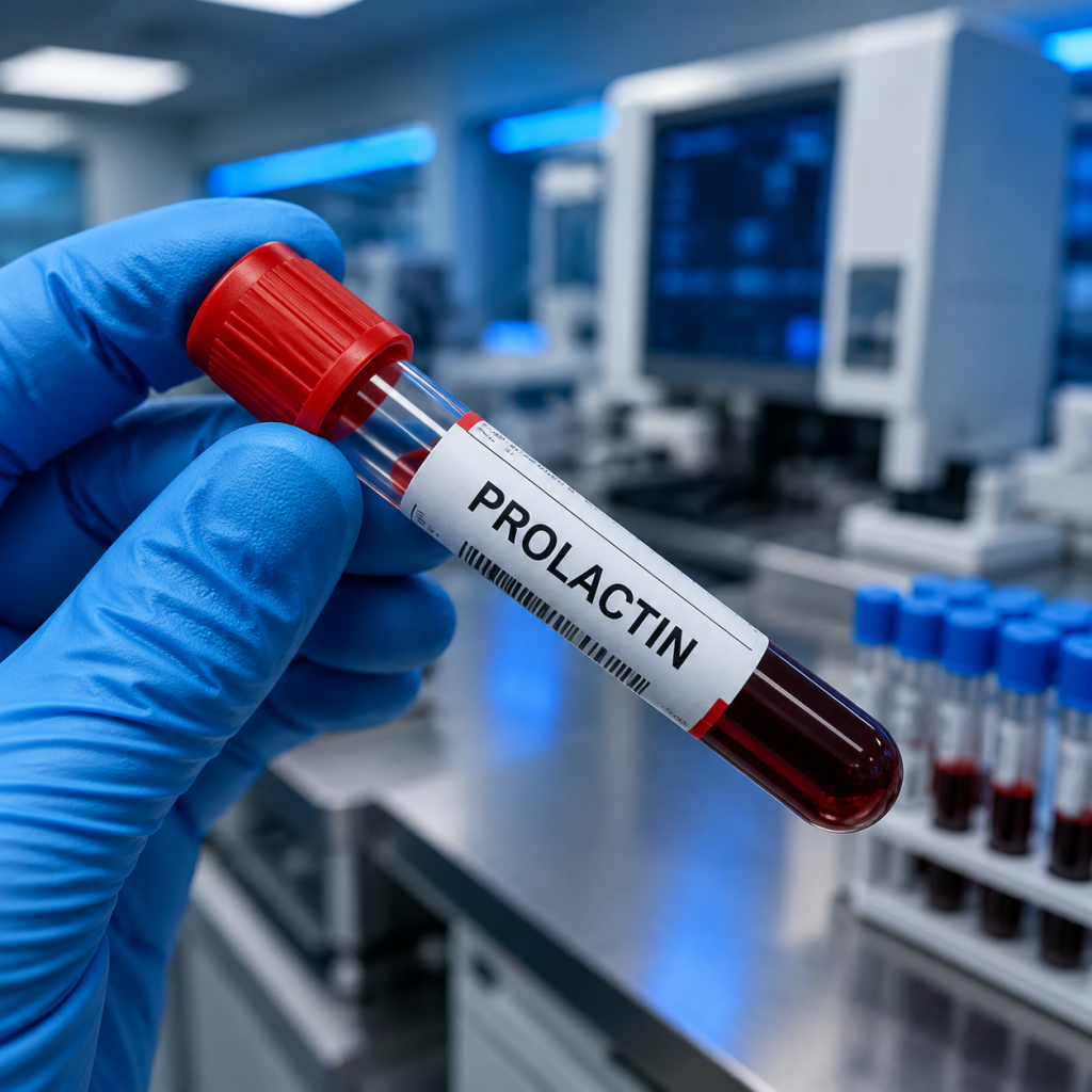 لوله آزمایش خون با برچسب PROLACTIN در دست متخصص آزمایشگاه با دستکش آبی – آزمایش پرولاکتین برای تشخیص هیپرپرولاکتینمی