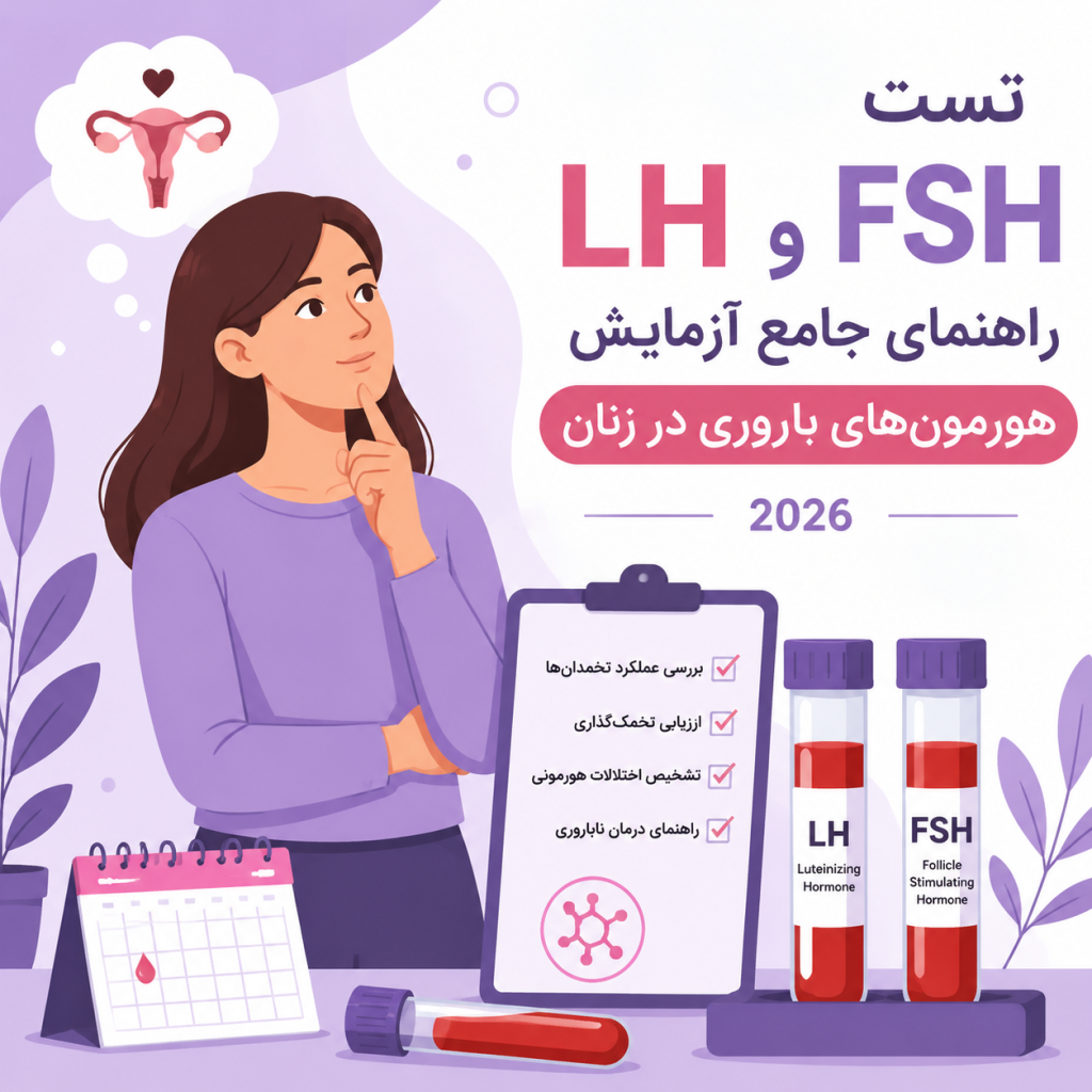 پوستر آموزشی درباره تست LH و FSH و راهنمای جامع آزمایش هورمون‌های باروری در زنان