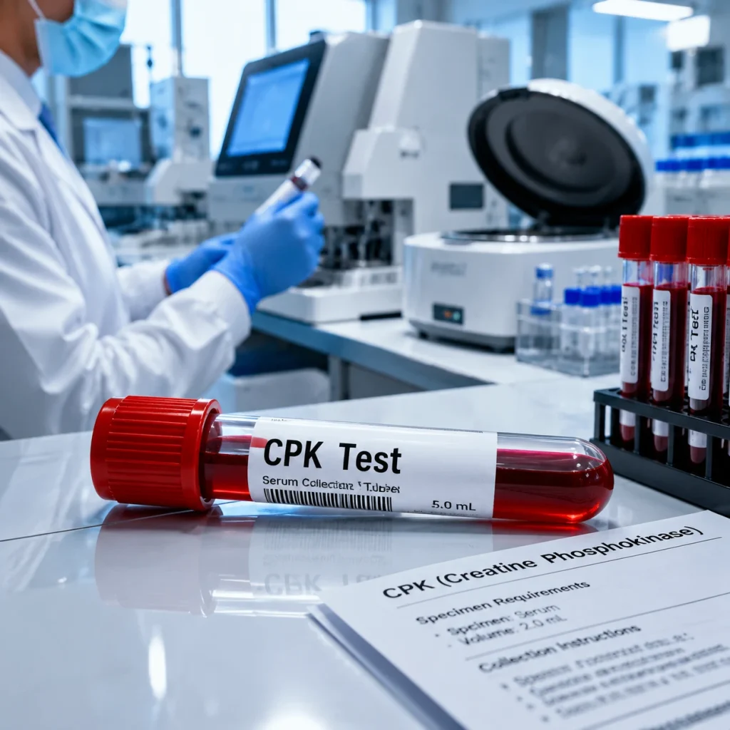 نمای نزدیک از لوله آزمایش خون با برچسب CPK Test در کنار برگه دستورالعمل آزمایش کراتین فسفوکیناز (Creatine Phosphokinase) روی میز آزمایشگاه با حضور تکنسین در پس‌زمینه.
