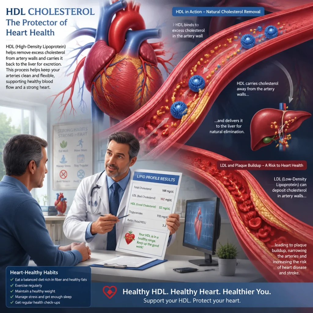 اینفوگرافیک جامع کلسترول HDL شامل دکتری در حال توضیح برگه نتایج آزمایش چربی خون به بیمار، نمودار پاکسازی عروق توسط HDL، نقش کبد در دفع چربی و لیست عادات سالم برای قلب.