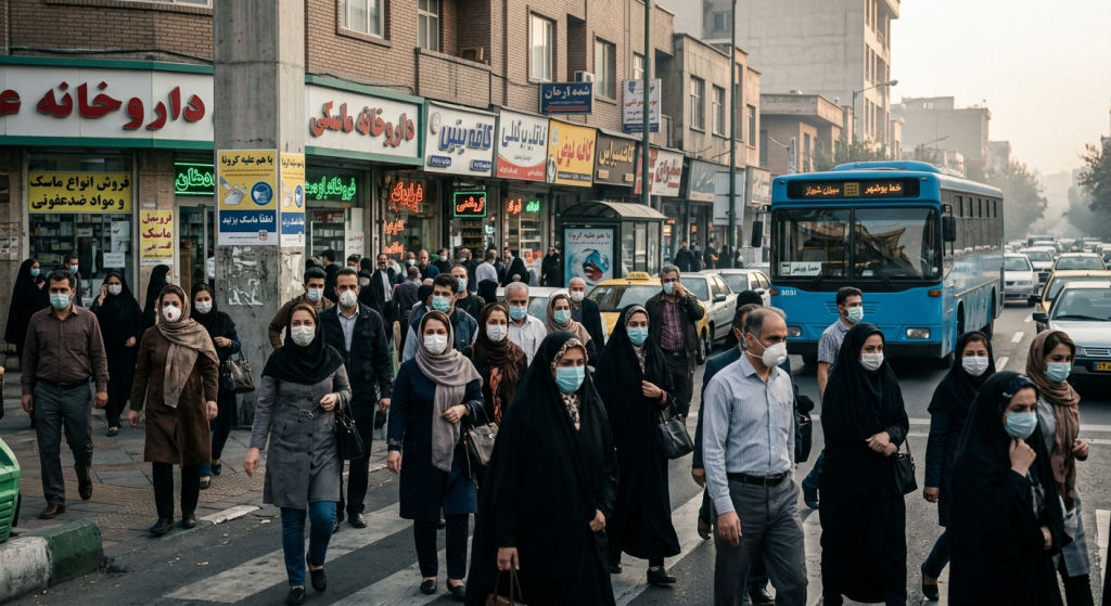 مردم در یک خیابان شلوغ در ایران با ماسک‌های بهداشتی در حال عبور از خط عابر پیاده، با نمایی از یک داروخانه و اتوبوس شهری در پس‌زمینه.